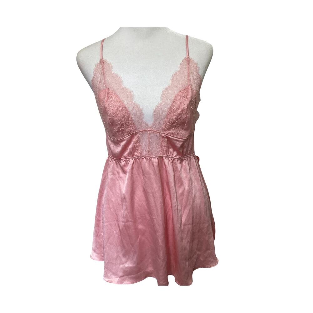 NWT Victoria's Secret Pink Satin Lacey Babydoll Nighty size M Matching T-thong